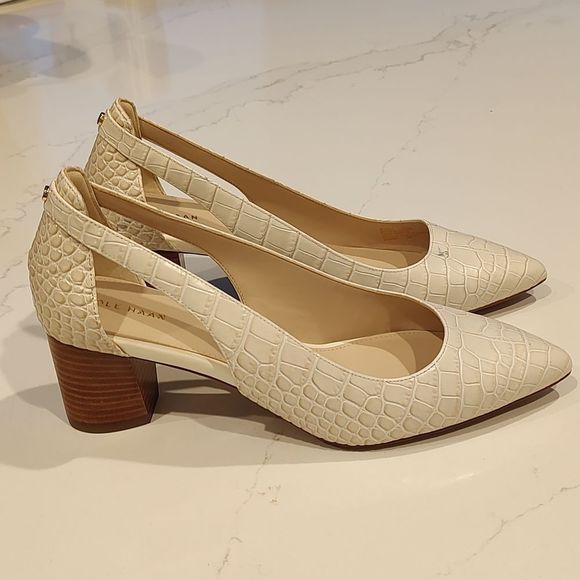 Cole Haan Emilee Leather Croc Embossed Side Cut Out Stacked Block Heel Pumps - Picture 3 of 13